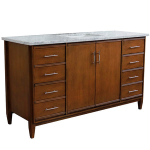 Bellaterra 61" Single Sink Vanity in Walnut Finish with Counter Top and Sink 400901-61S-WA, White Carrara Marble / Rectangle, Front Side