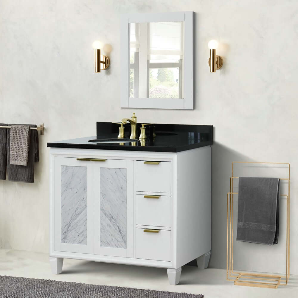 Bellaterra White 43" Single Vanity, Black Top, Left Doors Oval Sink  400990-43L-WH