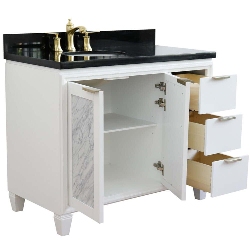 Bellaterra White 43" Single Vanity, Black Top, Left Doors Oval Sink  400990-43L-WH