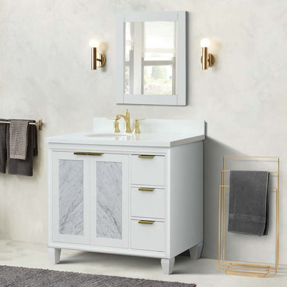 Bellaterra White 43" Single Vanity, White Quartz Top, Left Doors oval Sink  400990-43L-WH