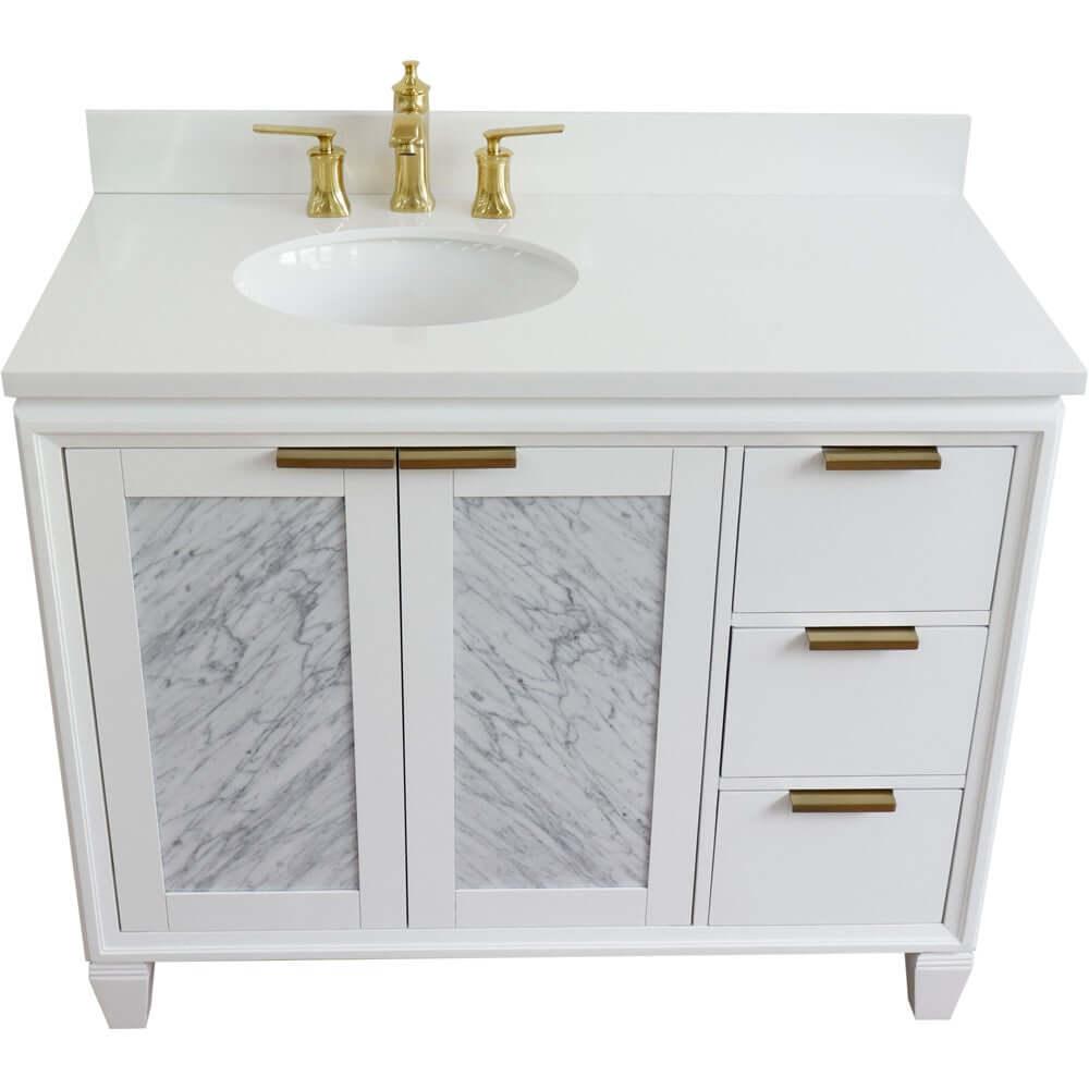 Bellaterra White 43" Single Vanity, White Quartz Top, Left Doors oval Sink  400990-43L-WH