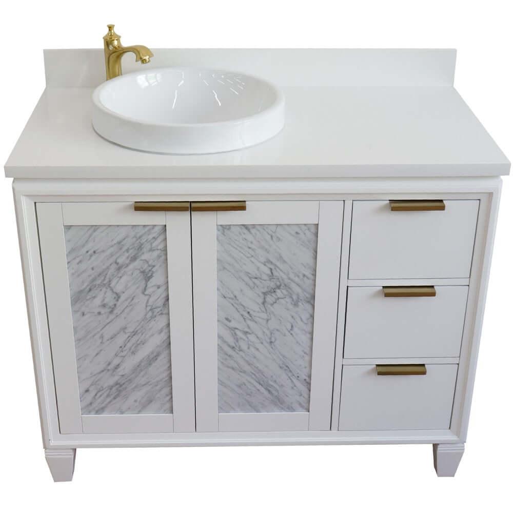 Bellaterra White 43" Single Vanity, White Quartz Top, Left Doors round Sink  400990-43L-WH