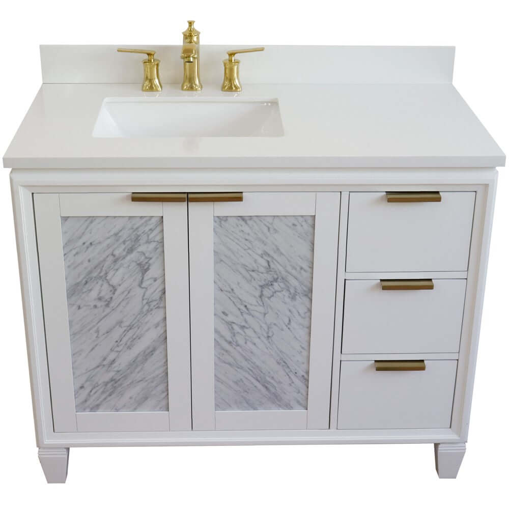 Bellaterra White 43" Single Vanity, White Quartz Top, Left Doors rectangle Sink  400990-43L-WH