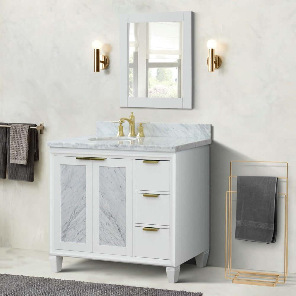 Bellaterra White 43" Single Vanity, White Cararra Top, Left Doors oval Sink  400990-43L-WH