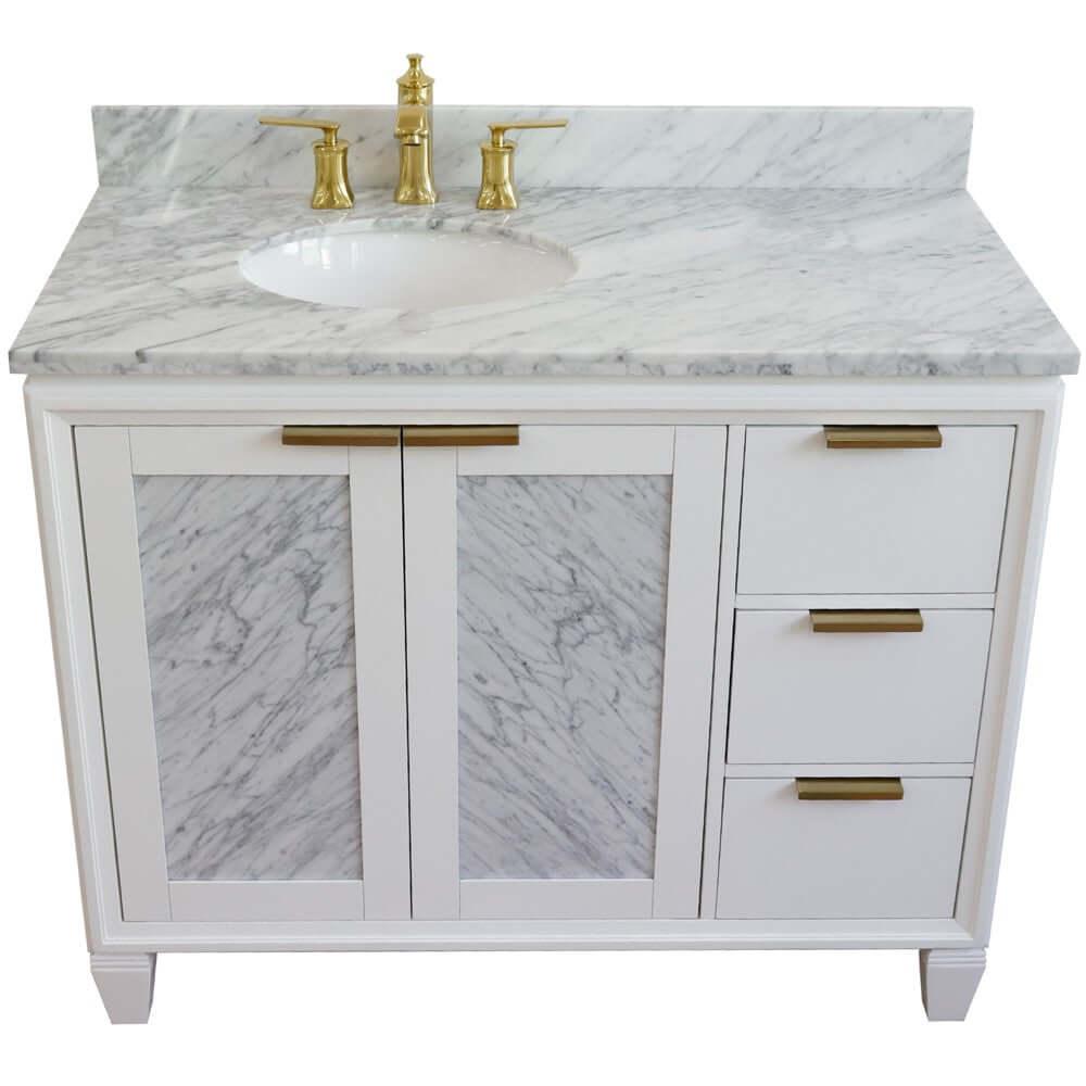Bellaterra White 43" Single Vanity, White Cararra Top, Left Doors oval Sink  400990-43L-WH