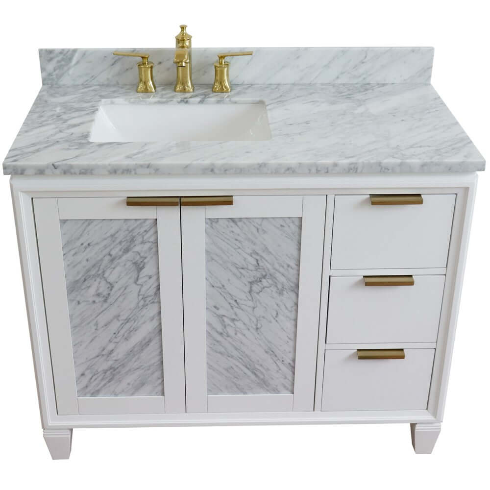 Bellaterra White 43" Single Vanity, White Cararra Top, Left Doors rectangle Sink  400990-43L-WH