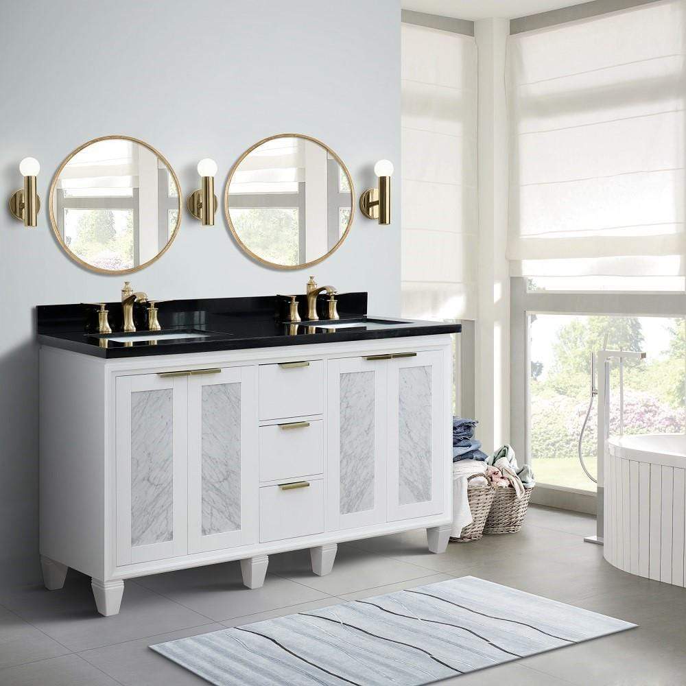 Bellaterra White 61" Wood Double Vanity  Black Top 400990-61D-WH Rectangle