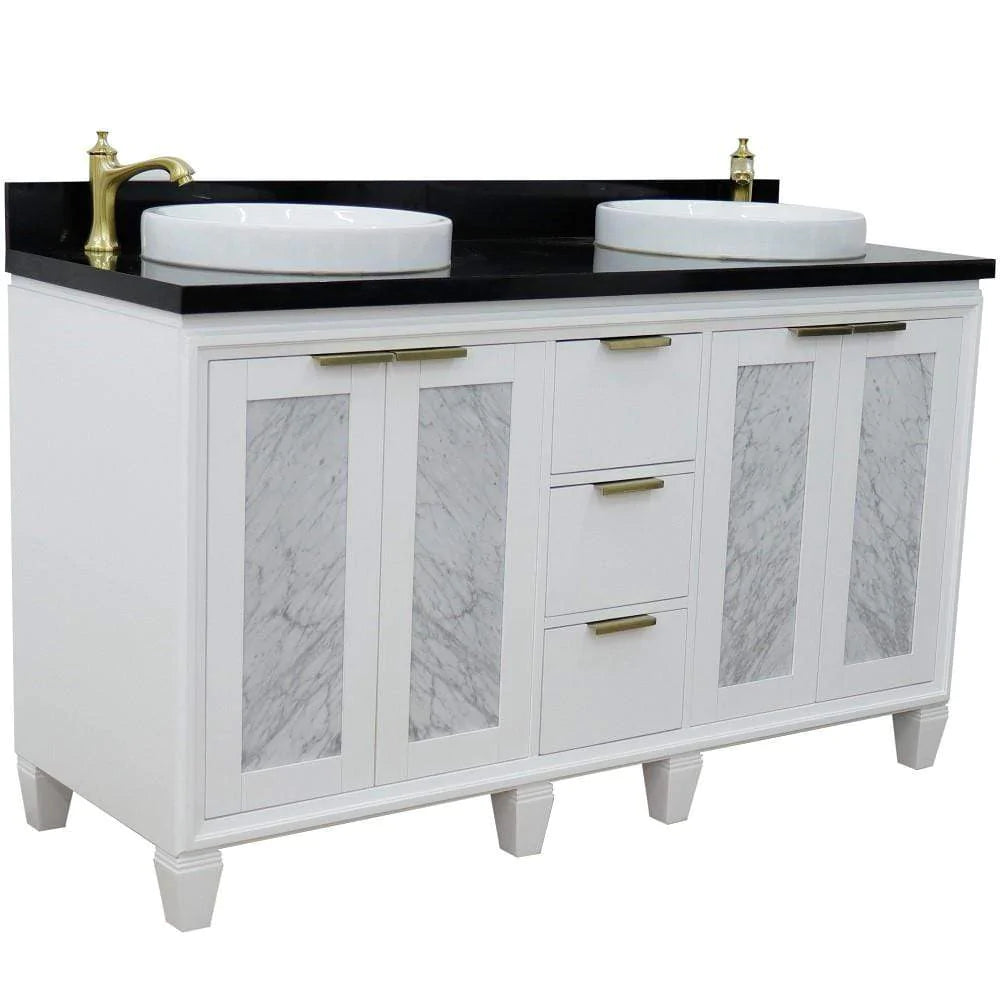 Bellaterra White 61" Wood Double Vanity  Black Top 400990-61D-WH Round