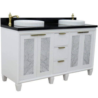 Bellaterra White 61" Wood Double Vanity  Black Top 400990-61D-WH Round