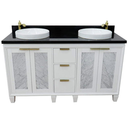 Bellaterra White 61" Wood Double Vanity  Black Top 400990-61D-WH Round