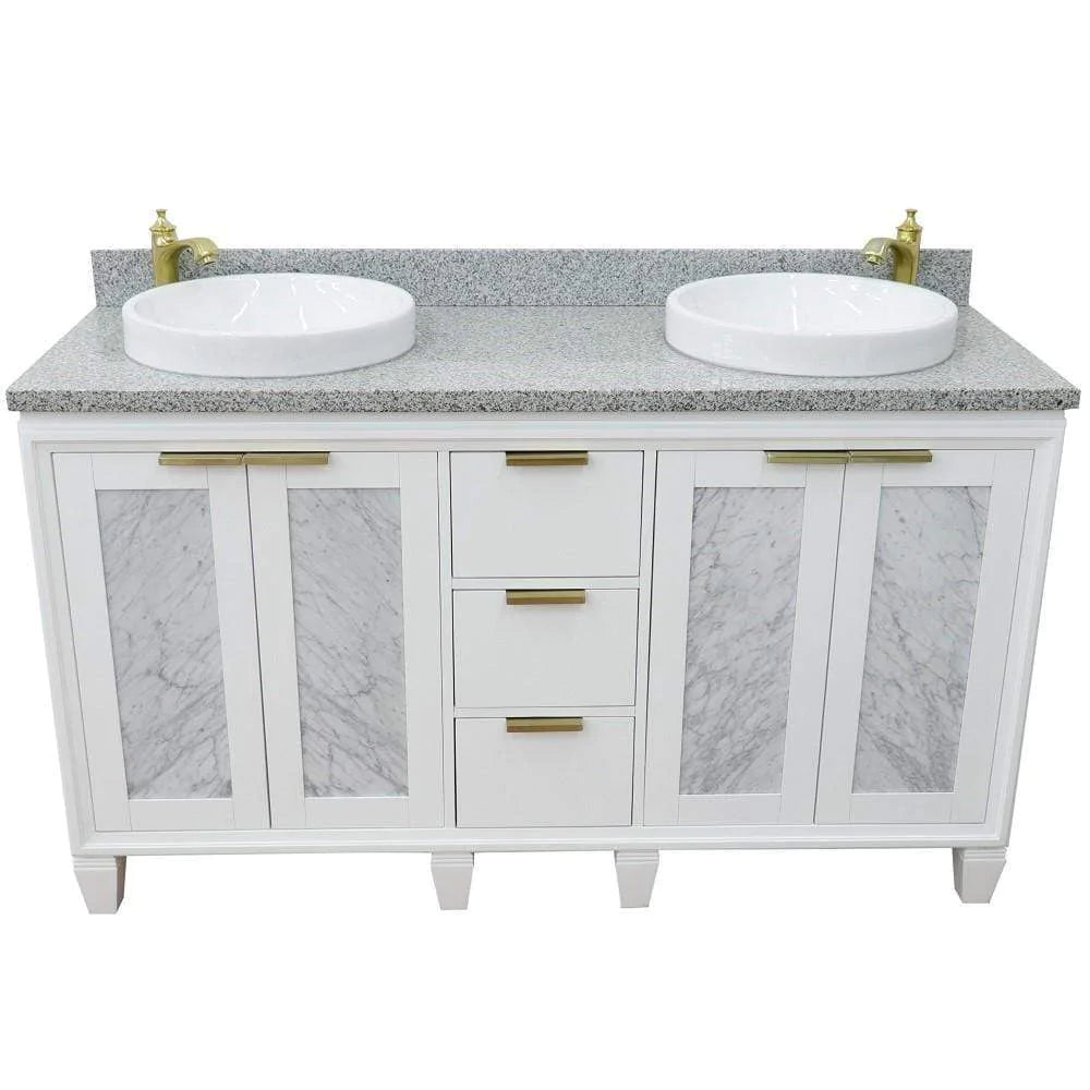 Bellaterra White 61" Wood Double Vanity  Grey Top 400990-61D-WH Round