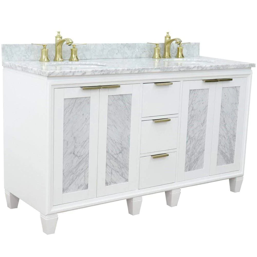 Bellaterra White 61" Wood Double Vanity  White Marble Top 400990-61D-WH Oval