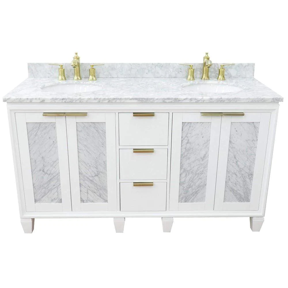 Bellaterra White 61" Wood Double Vanity  White Marble Top 400990-61D-WH Oval