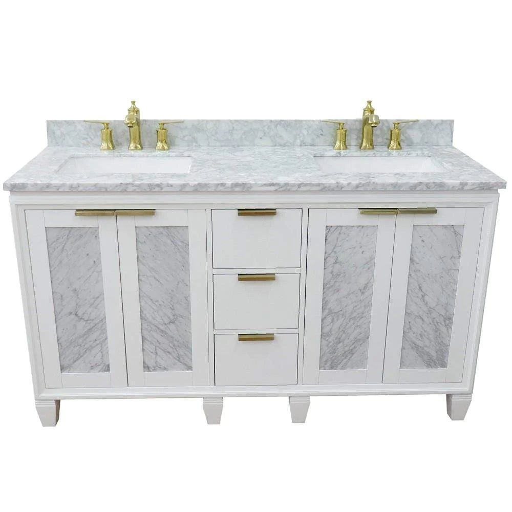 Bellaterra White 61" Wood Double Vanity  White Marble Top 400990-61D-WH Rectangle