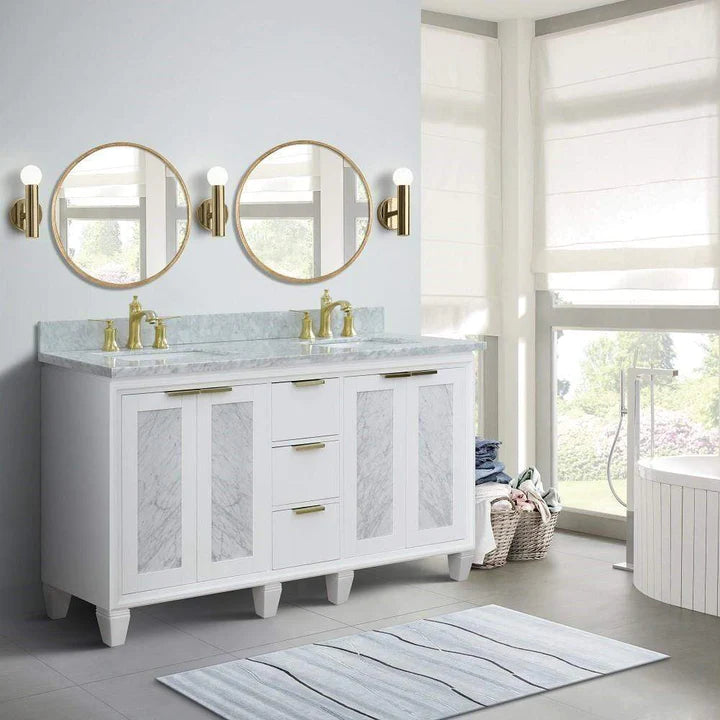 Bellaterra White 61" Wood Double Vanity  White Marble Top 400990-61D-WH Rectangle