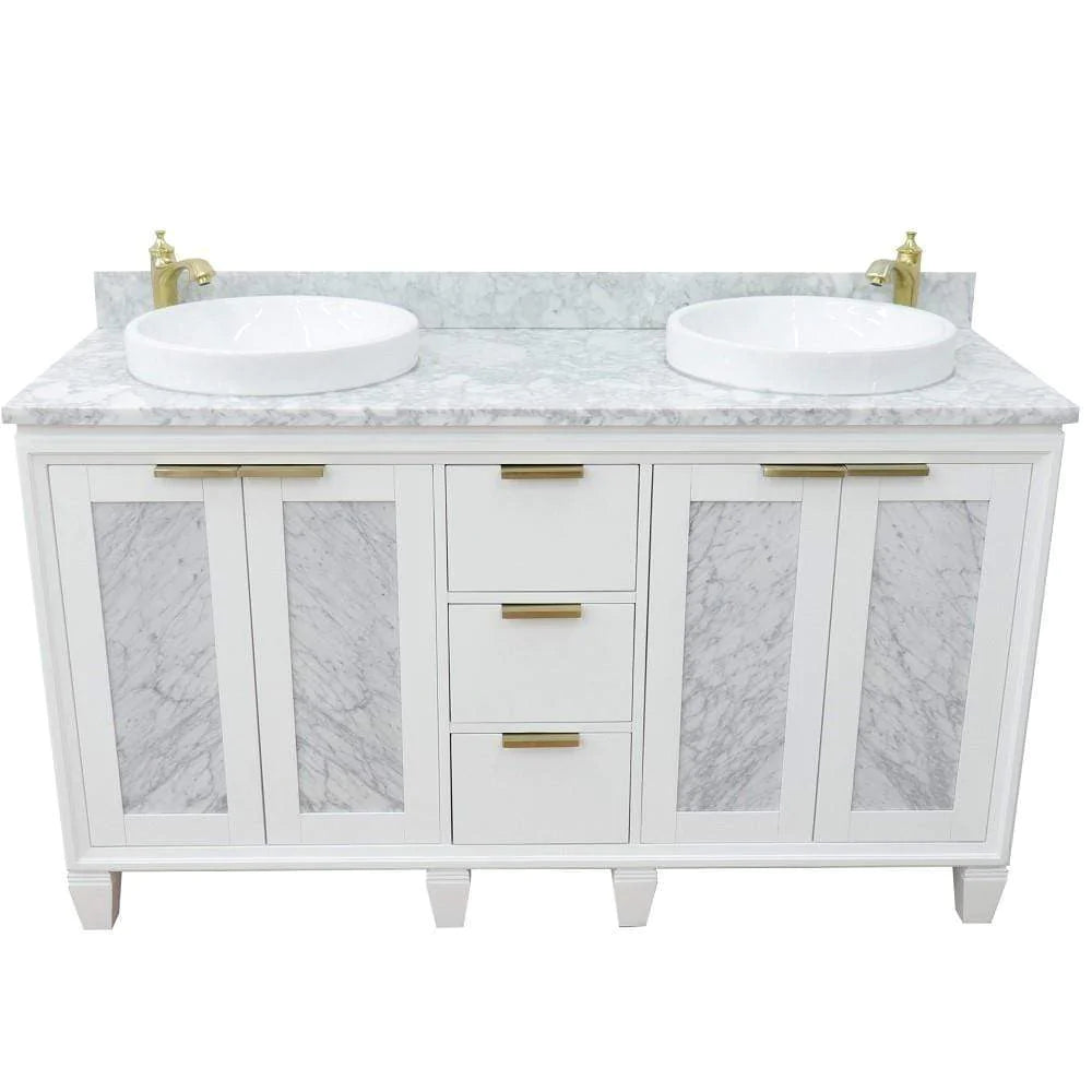 Bellaterra White 61" Wood Double Vanity  White Marble Top 400990-61D-WH Round