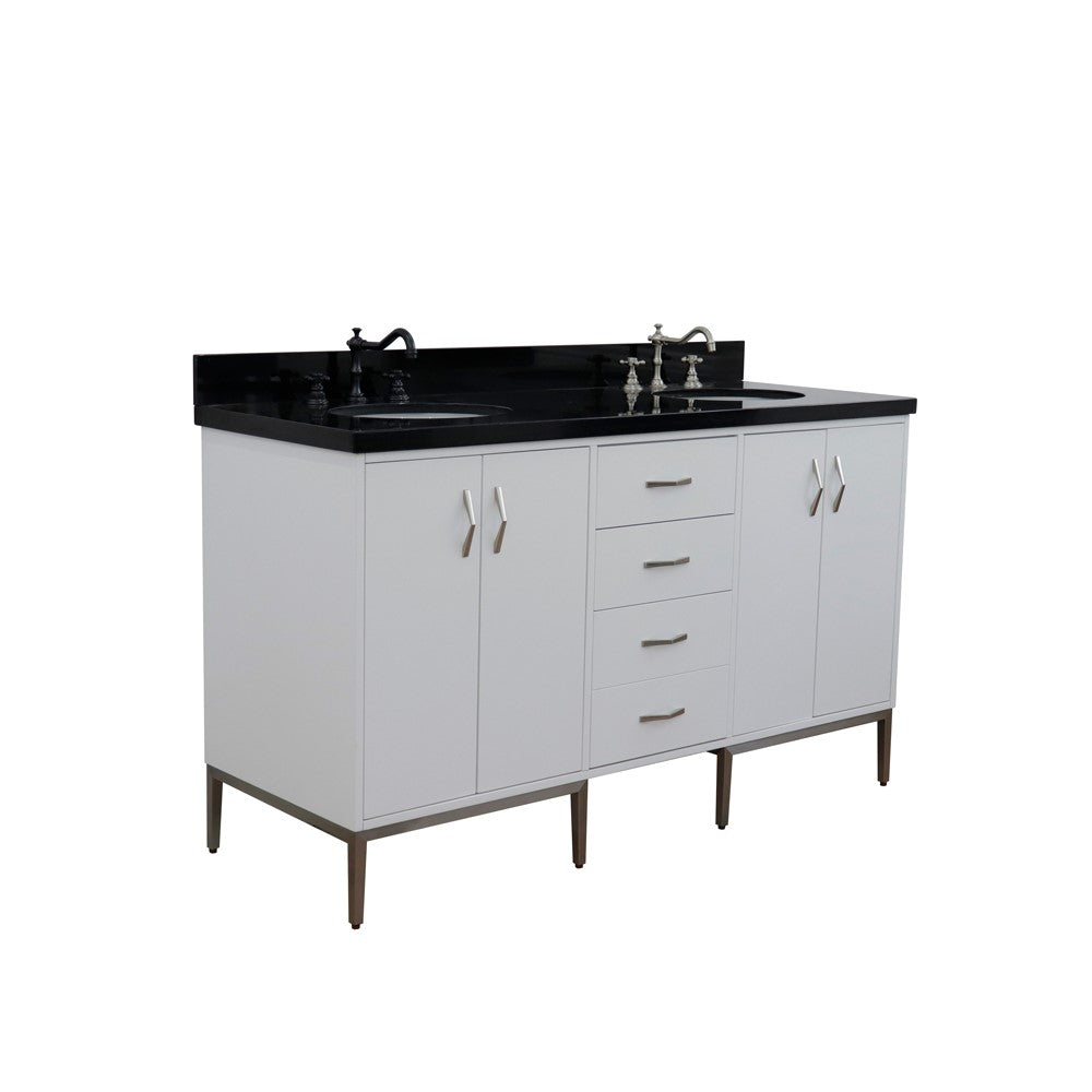 Bellaterra 61" Double Sink Vanity in White Finish with Counter Top and Sink 408001-61D-WH, Black Galaxy Granite / Oval, Front