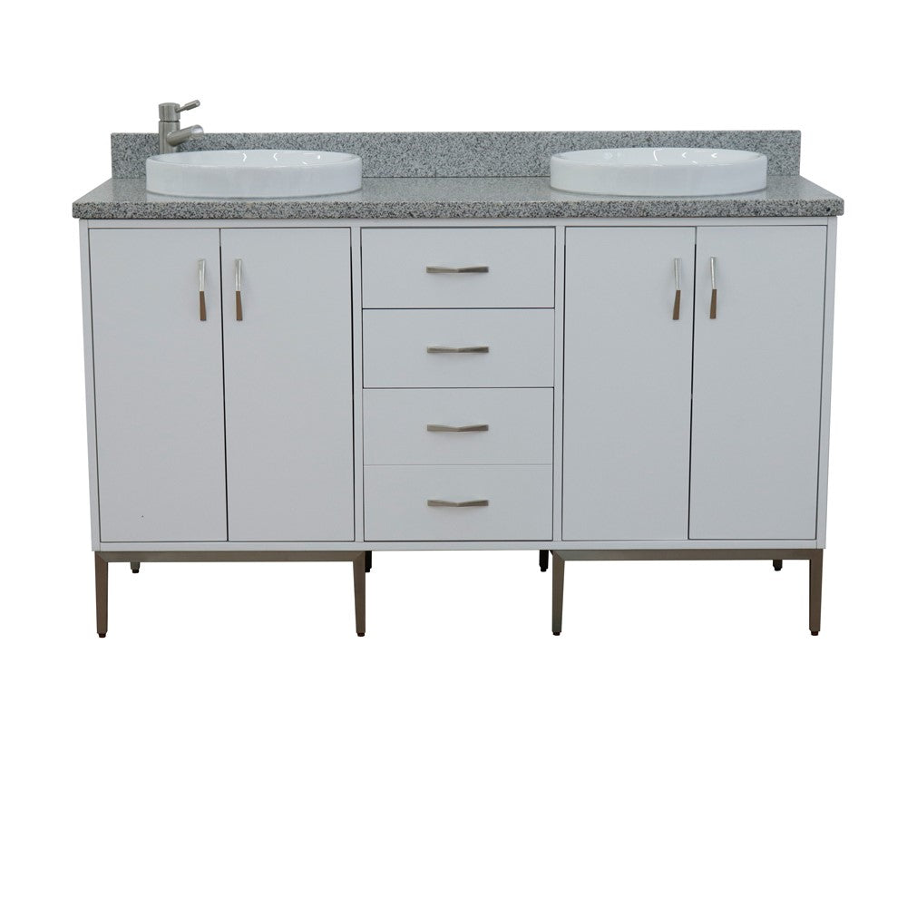 Bellaterra 61" Double Sink Vanity in White Finish with Counter Top and Sink 408001-61D-WH, Gray Granite / Round, Front