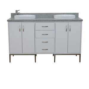 Bellaterra 61" Double Sink Vanity in White Finish with Counter Top and Sink 408001-61D-WH, Gray Granite / Round, Front