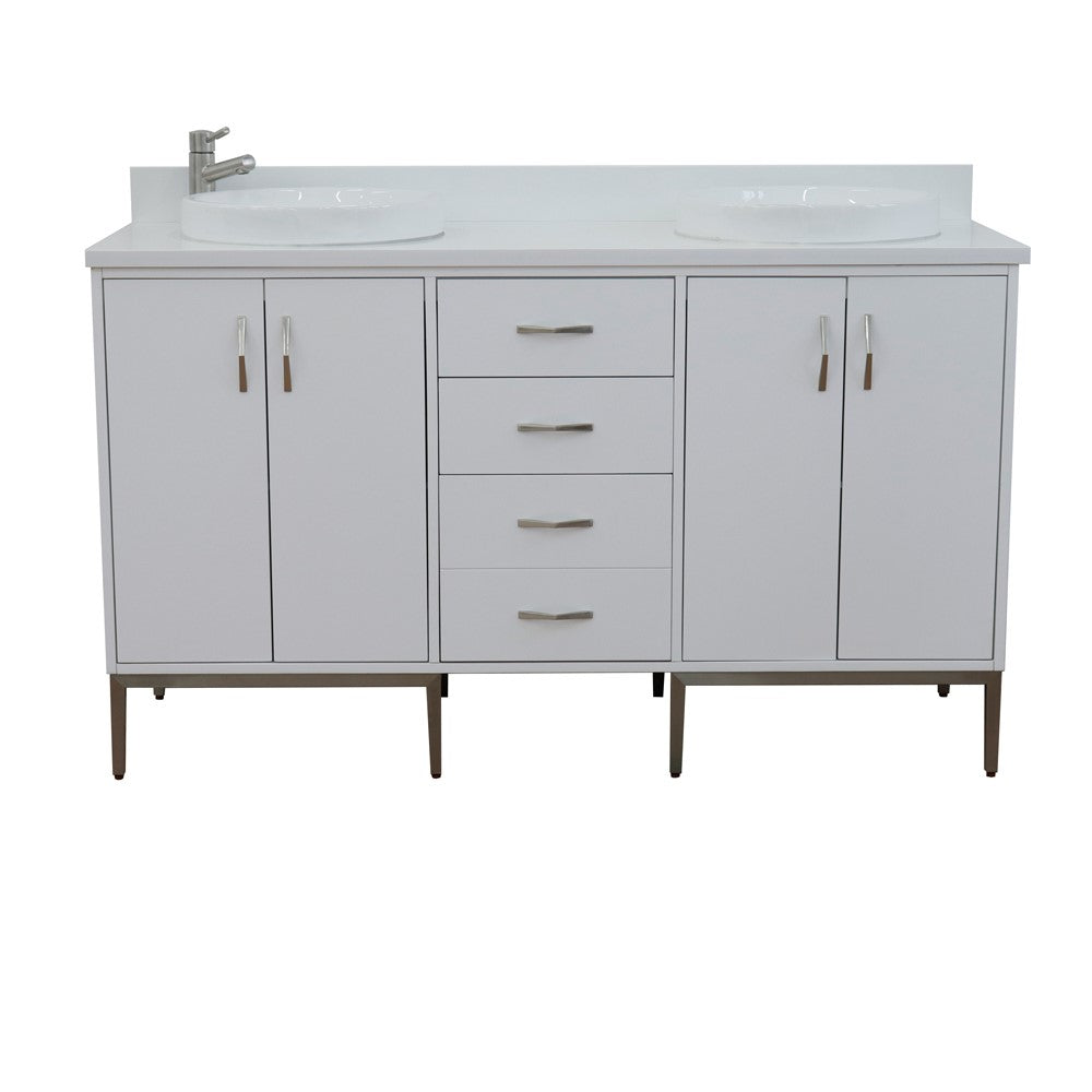 Bellaterra 61" Double Sink Vanity in White Finish with Counter Top and Sink 408001-61D-WH, White Quartz / Round, Front