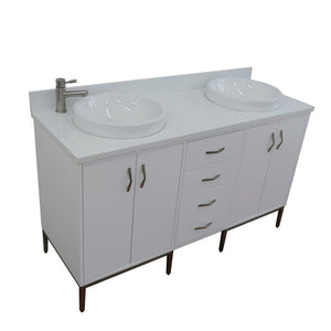 Bellaterra 61" Double Sink Vanity in White Finish with Counter Top and Sink 408001-61D-WH, White Quartz / Round, Front Top