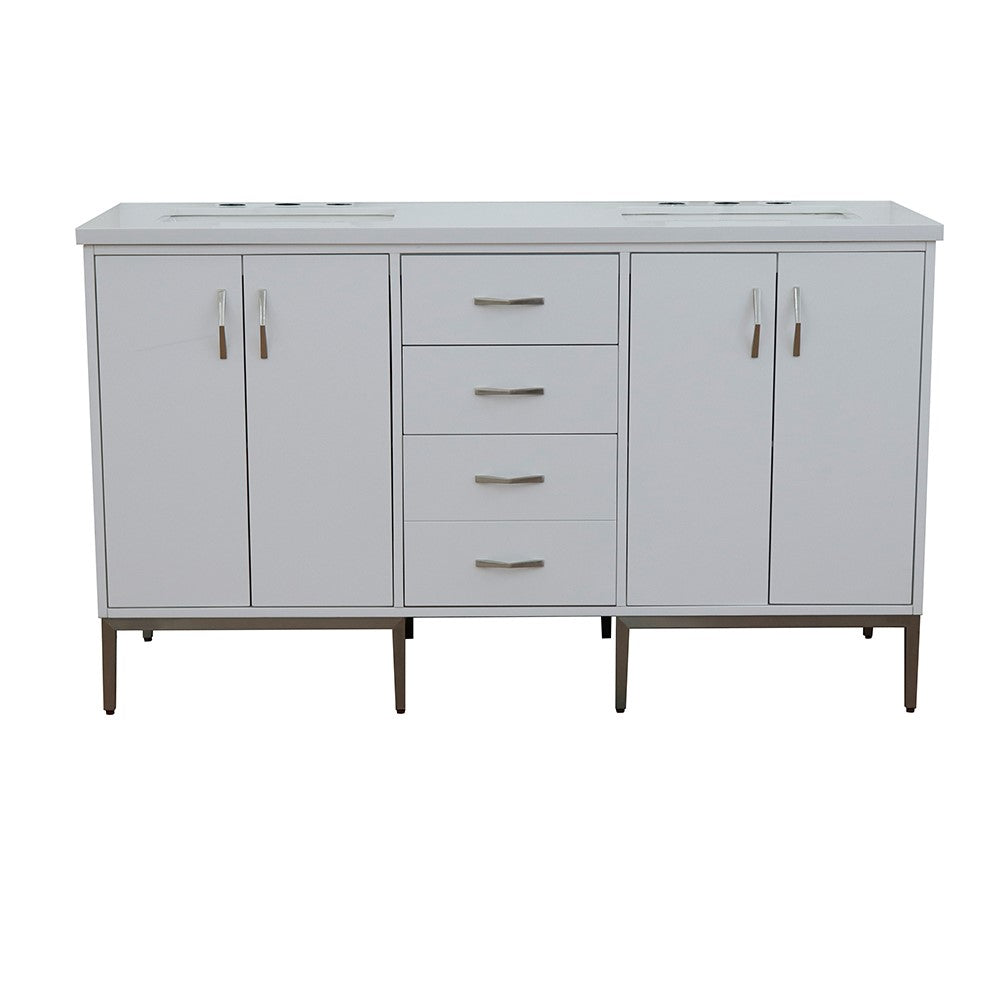 Bellaterra 61" Double Sink Vanity in White Finish with Counter Top and Sink 408001-61D-WH, White Quartz / Rectangle, Front