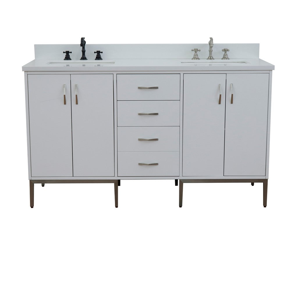 Bellaterra 61" Double Sink Vanity in White Finish with Counter Top and Sink 408001-61D-WH, White Quartz / Rectangle, Front