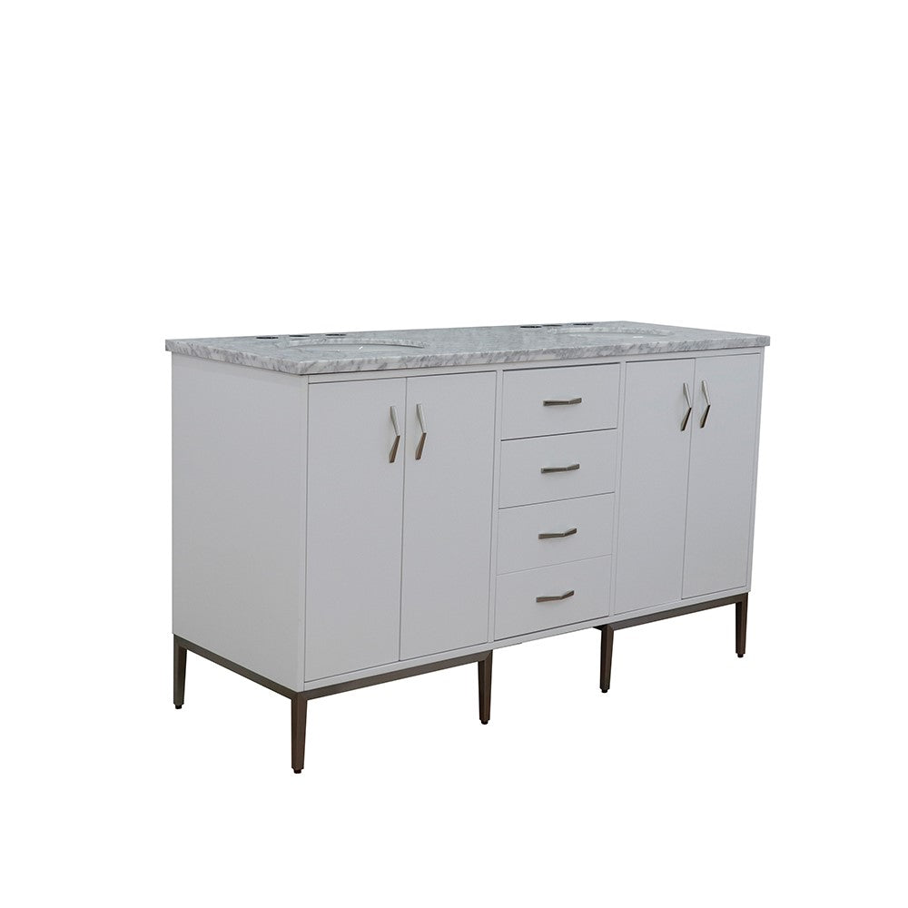 Bellaterra 61" Double Sink Vanity in White Finish with Counter Top and Sink 408001-61D-WH, White Carrara Marble / Oval, Front sideview