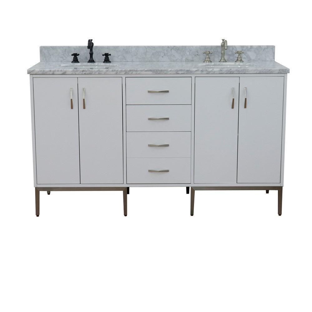Bellaterra 61" Double Sink Vanity in White Finish with Counter Top and Sink 408001-61D-WH, White Carrara Marble / Oval, Front