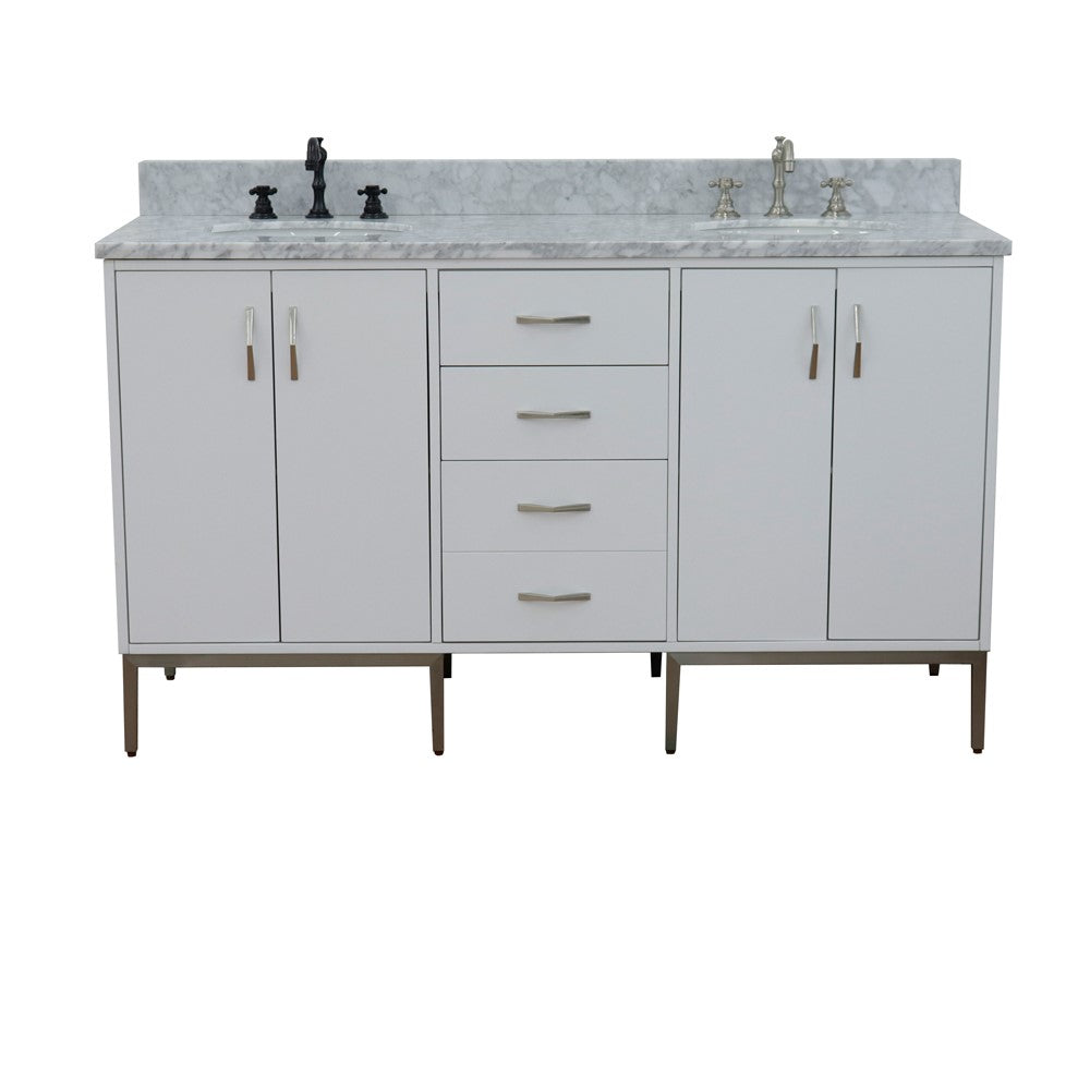 Bellaterra 61" Double Sink Vanity in White Finish with Counter Top and Sink 408001-61D-WH, White Carrara Marble / Oval, Front