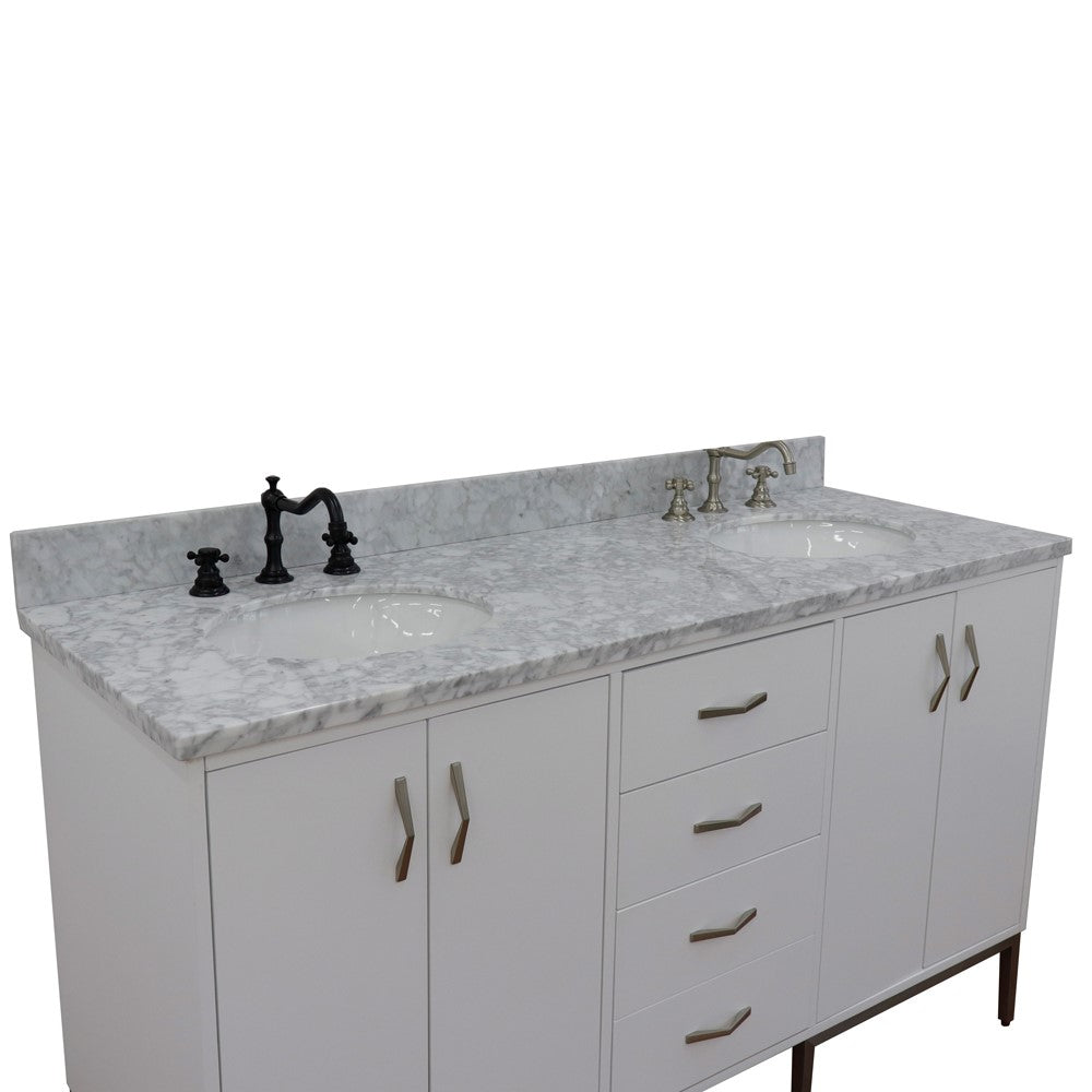 Bellaterra 61" Double Sink Vanity in White Finish with Counter Top and Sink 408001-61D-WH, White Carrara Marble / Oval, Front