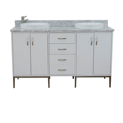 Bellaterra 61" Double Sink Vanity in White Finish with Counter Top and Sink 408001-61D-WH, White Carrara Marble / Round, Front