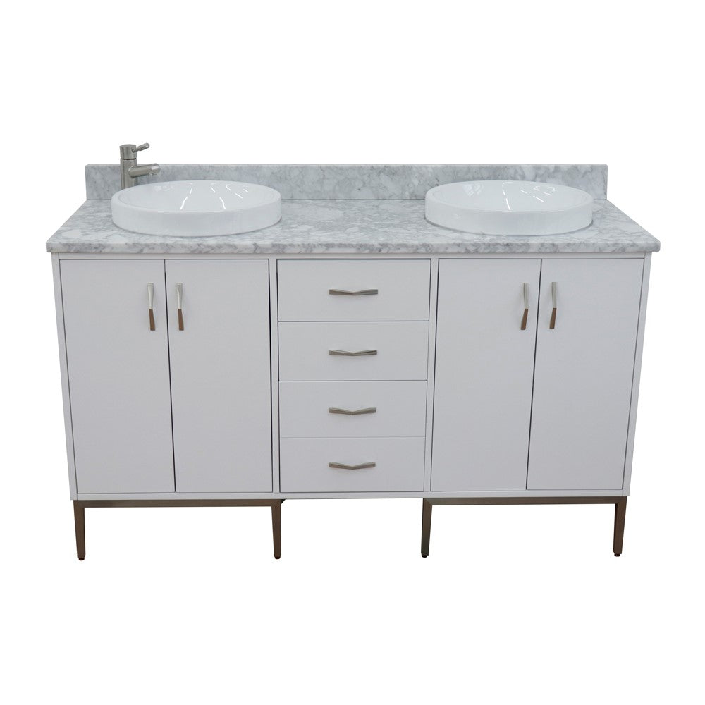 Bellaterra 61" Double Sink Vanity in White Finish with Counter Top and Sink 408001-61D-WH, White Carrara Marble / Round, Front