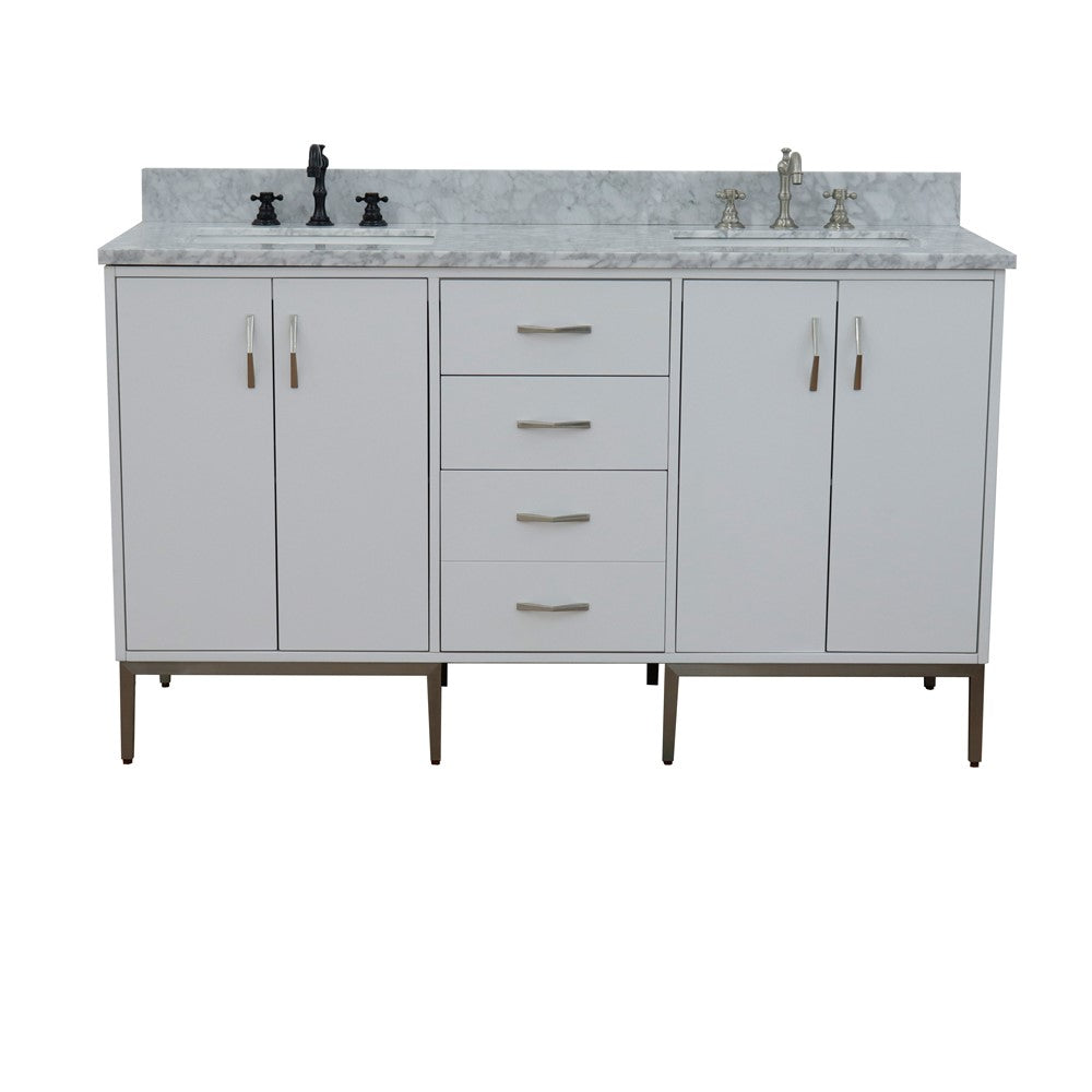 Bellaterra 61" Double Sink Vanity in White Finish with Counter Top and Sink 408001-61D-WH, White Carrara Marble / Rectangle, Front