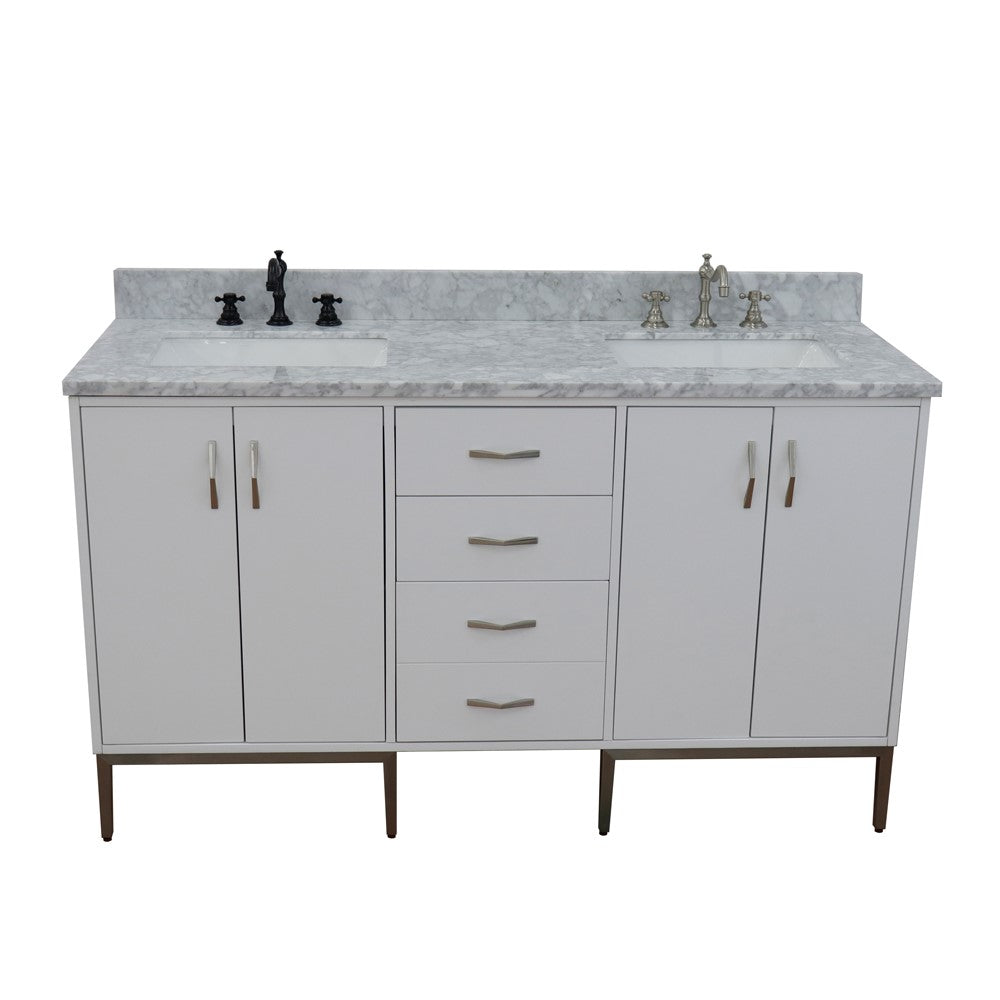 Bellaterra 61" Double Sink Vanity in White Finish with Counter Top and Sink 408001-61D-WH, White Carrara Marble / Rectangle, Front