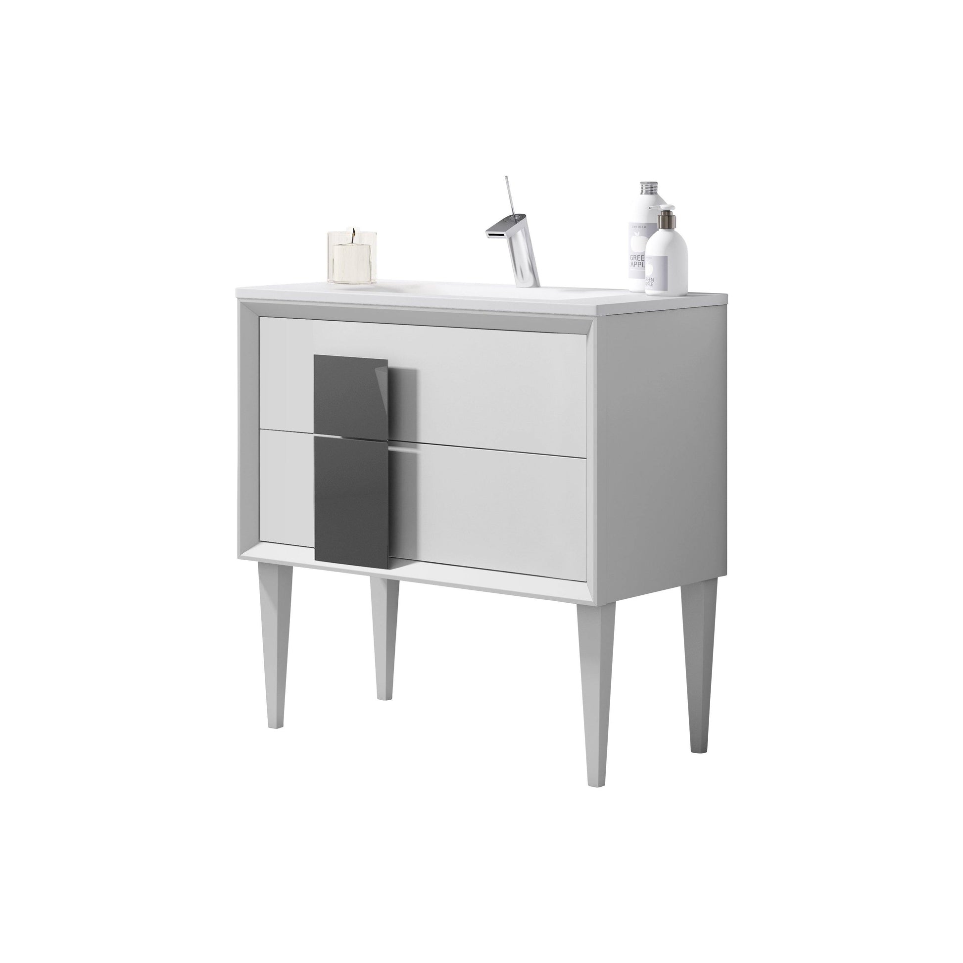 Lucena Bath 24" Décor Cristal Freestanding Vanity in White and white glass handle, Black and black glass handle, Grey and grey glass handle, Grey and Black Glass Handle, White and black glass handle or White and grey glass handle - The Bath Vanities