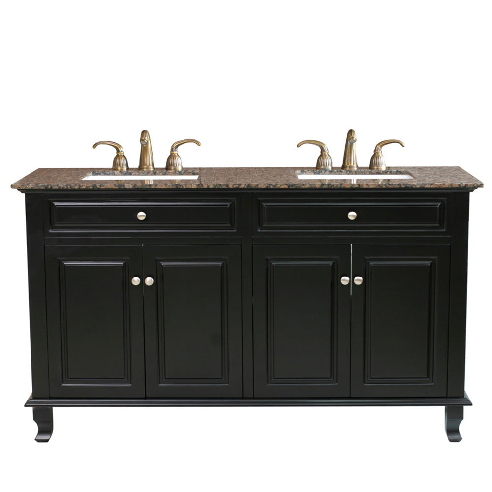 Bellaterra 62 in Double Sink Vanity-Wood 603215-62B-BB-TR-BG, Ebony / Baltic Brown Marble, Front