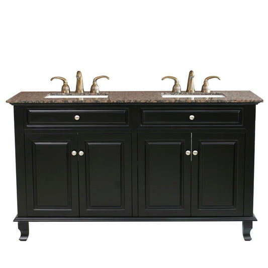 Bellaterra 62 in Double Sink Vanity-Wood 603215-62B-BB-TR-BG, Ebony / Baltic Brown Marble, Front