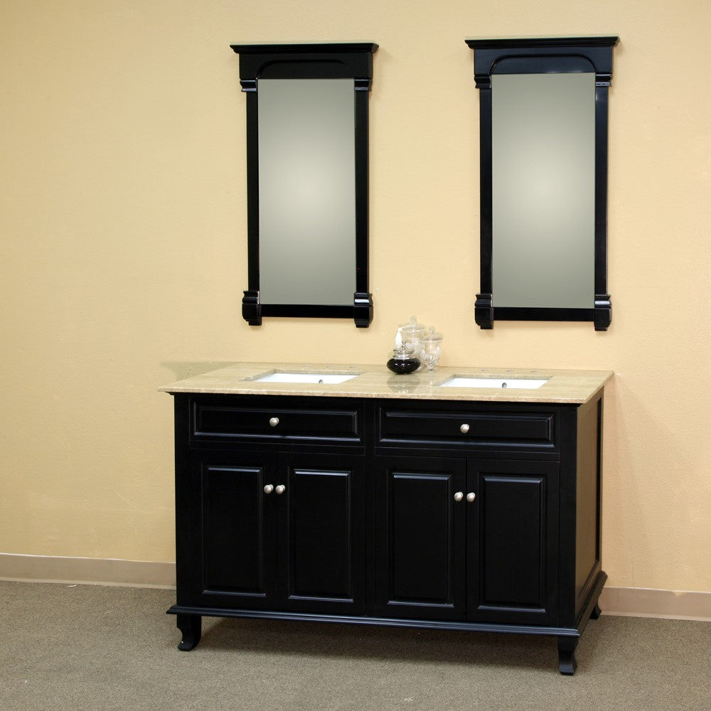 Bellaterra 62 in Double Sink Vanity-Wood 603215-62B-BB-TR-BG, Ebony / Travertine, Front