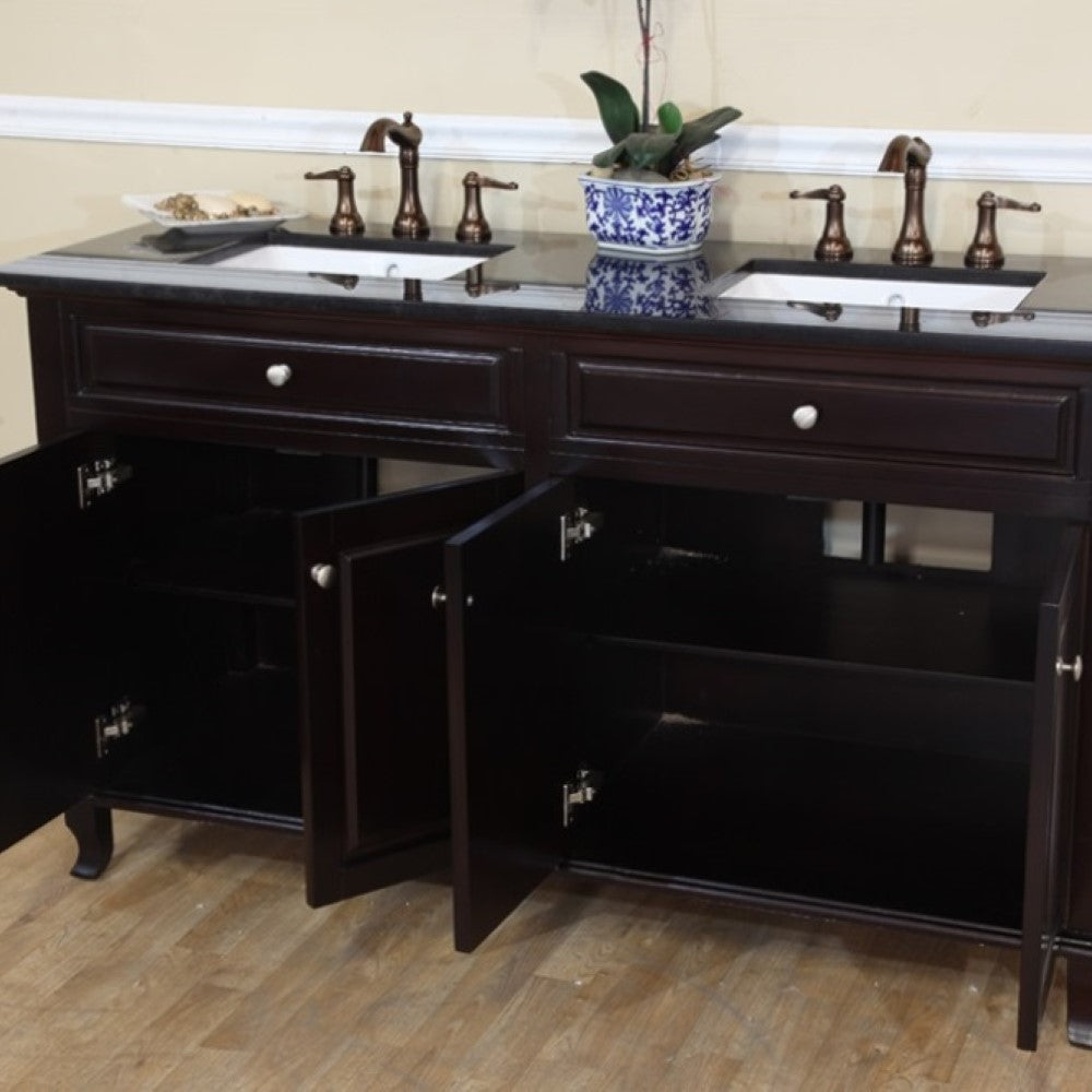 Bellaterra 62 in Double Sink Vanity-Wood 603215-62B-BB-TR-BG, dark mahogany / Black Galaxy Granite, Open