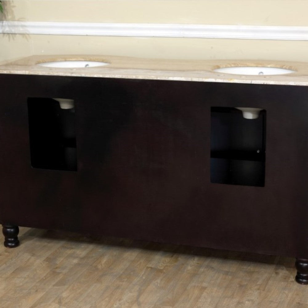 Bellaterra 62 in Double Sink Vanity with Counter Top 603316-DM, dark mahogany / Travertine, backside