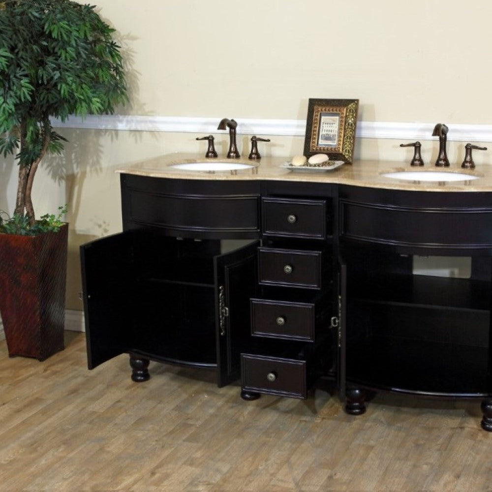 Bellaterra 62 in Double Sink Vanity with Counter Top 603316-DM, dark mahogany / Travertine, OPen