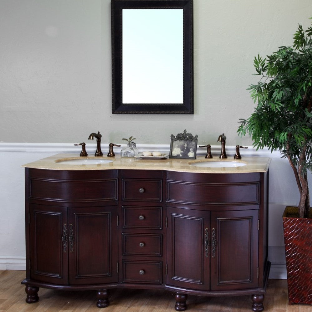 Bellaterra 62 in Double Sink Vanity-Wood-Walnut-Travertine 603316, Front