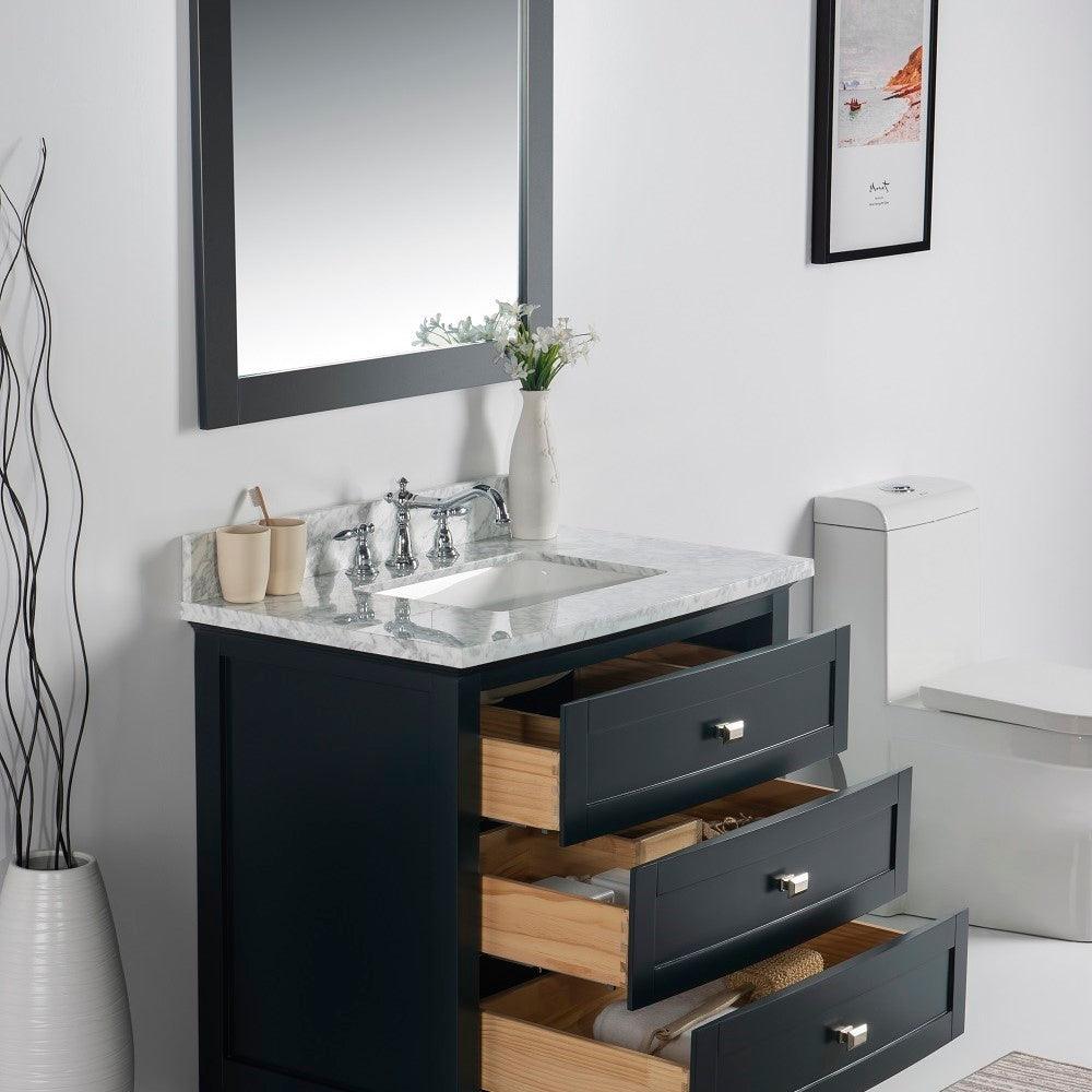 Bellaterra 77612-DG-WH-WM 36" Single Vanity - White Marble Top - Dark Gray, Open Drawers