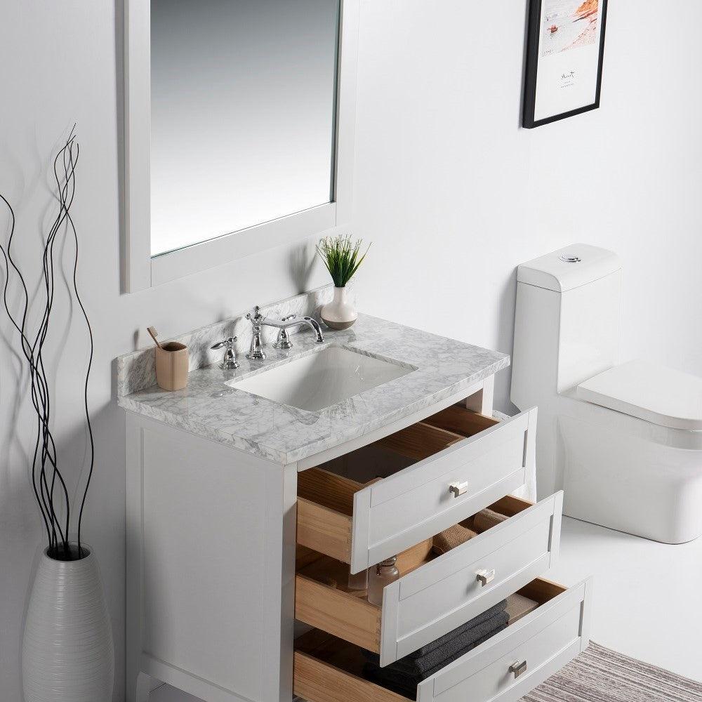 Bellaterra 77612-DG-WH-WM 36" Single Vanity - White Marble Top - White, Drawers