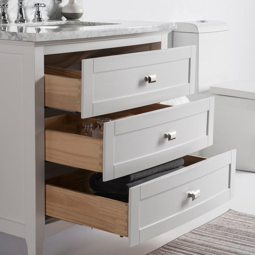 Bellaterra 77612-DG-WH-WM 36" Single Vanity - White Marble Top - White, Open Drawers