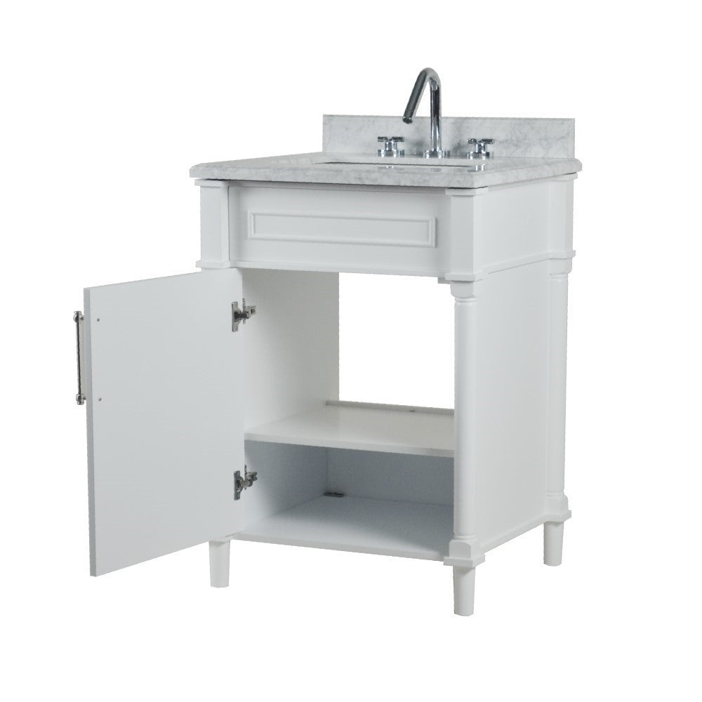 Bellaterra 24" Wood Single Vanity w/ White Carrara Marble Top Rectangular Sink 800632-24BN-WH (White)