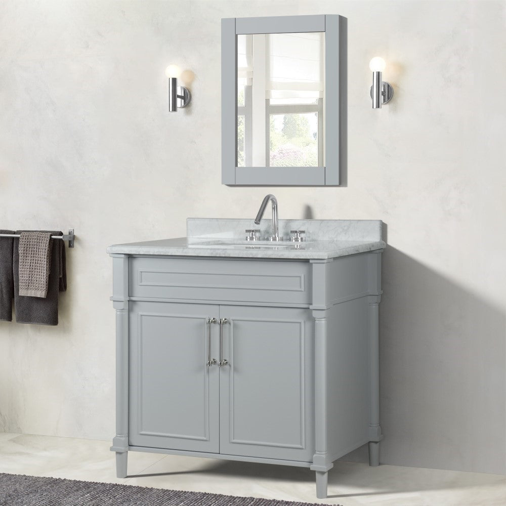 Bellaterra 800632-36BN-LG-WH 36" Single Vanity with White Carrra Marble Top - Gray, Front