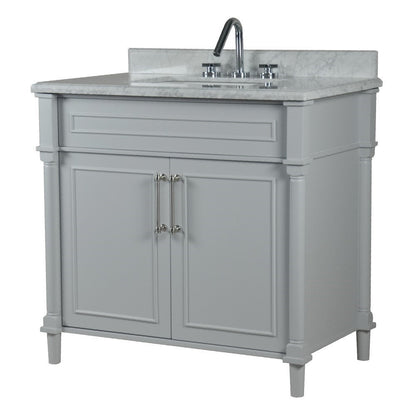 Bellaterra 800632-36BN-LG-WH 36" Single Vanity with White Carrra Marble Top - Gray, Front