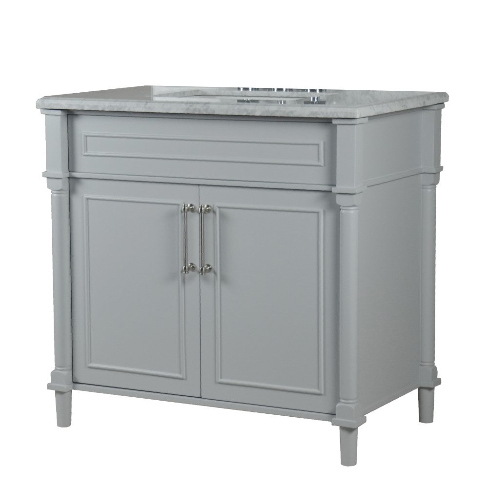 Bellaterra 800632-36BN-LG-WH 36" Single Vanity with White Carrra Marble Top - Gray, Front